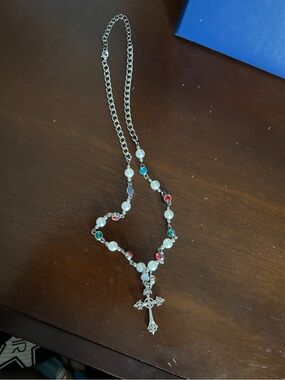 Silver Cross Rosary Necklace with Pearls and Multicolor Beads